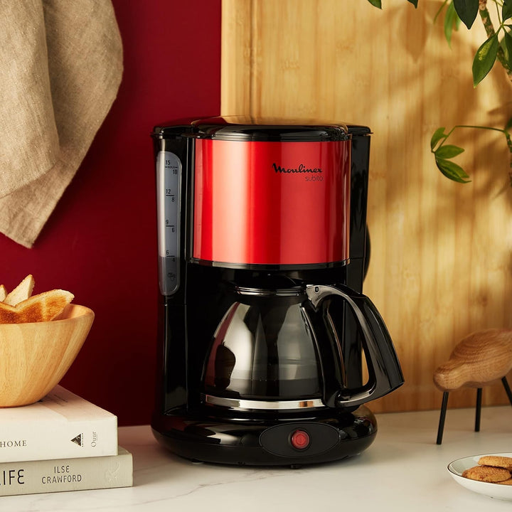 Cafetieră cu filtru Moulinex Subito, ulcior din sticlă, 10-15 cești, capacitate 1,25 litri, funcție de oprire automată, filtru detașabil, indicator nivel apă, oțel inoxidabil, roșu/negru, FG360D