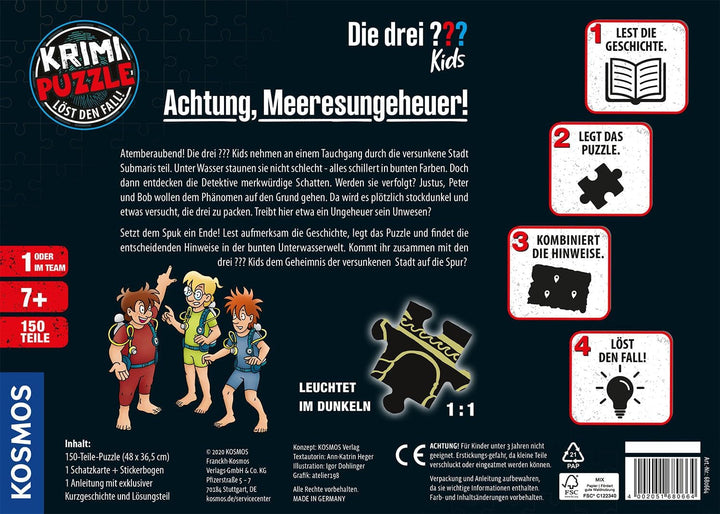 Die Drei ??? Kids - Crime puzzle - Atenție, monstru marin De la KOSMOS 680664, 150 piese, Strălucește în întuneric, Lectură, puzzle-uri, rezolvarea puzzle-urilor, puzzle detectiv pentru copii cu vârsta de peste 7 ani