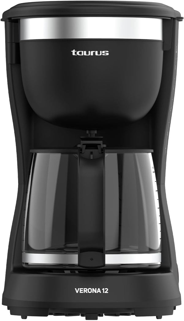 Espressor Verona 12, 680 W, 1250 ml, Intense Flavour Tech, plită, filtru permanent lavabil, cană de sticlă anti-picurare, design compact negru mat, fără BPA