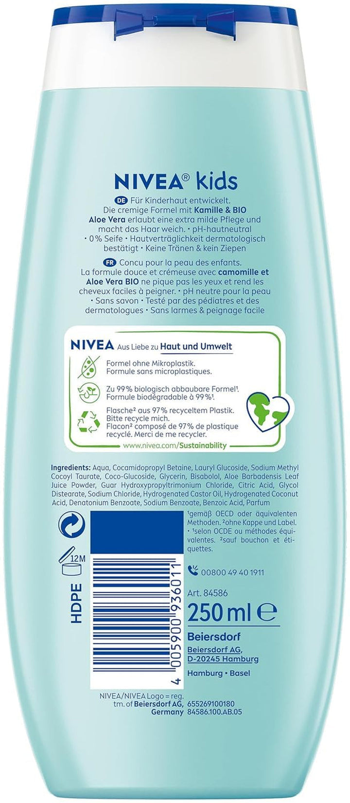 Gel de duș, șampon și balsam NIVEA KIDS 3in1, îngrijire și curățare pentru copii cu un parfum magic de mere, extra blând, îngrijire fără săpun pentru păr și piele pentru copii (250 ml)
