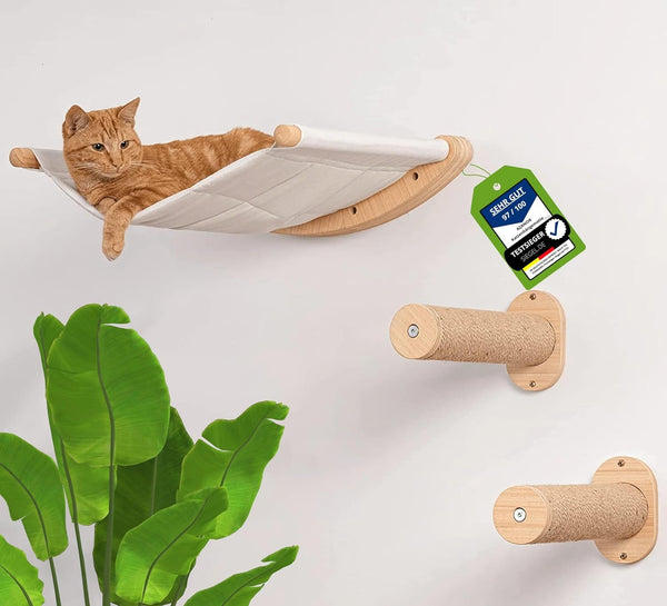 AZANO® Perete de cățărat pentru pisici | Hamac pentru pisici XL [Extra stabil și mare] cu scări pentru pisici pe perete | Scară pentru pisici cu zonă de dormit | Pat pentru pisici pentru cățărat, fabricat din lemn natural | 3 piese