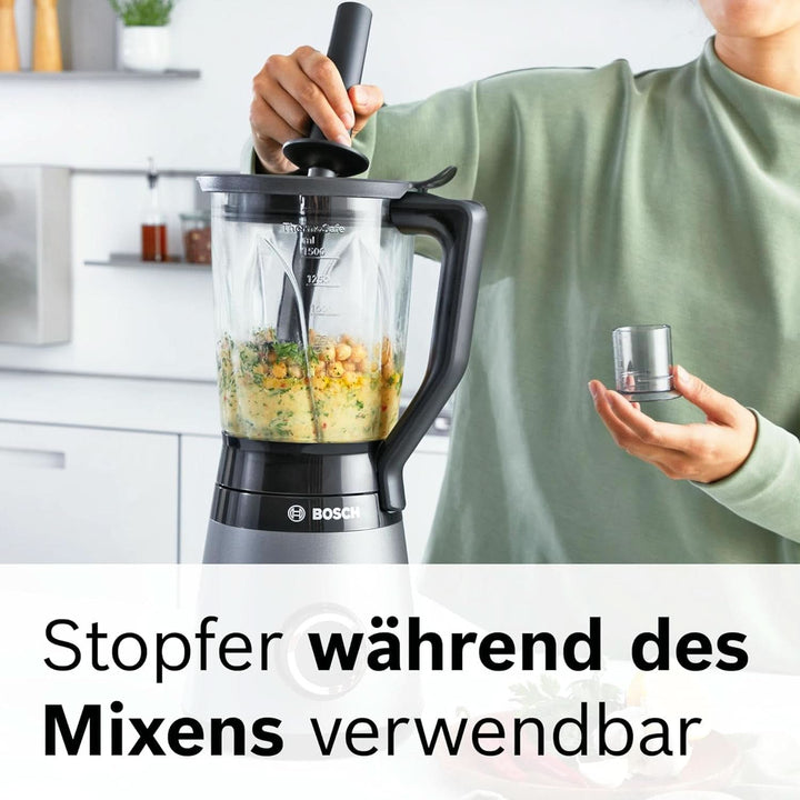 Bosch Standmixer Vitapower Serie 4 MMB6174SN, Verbesserte Version, Hochwertige Edelstahl-Klingen, 1,5L Glasbehälter, 0,6L To-Go-Flasche, Spülmaschinenfeste Teile, 30.000 U/Min, 1200 W, Silber