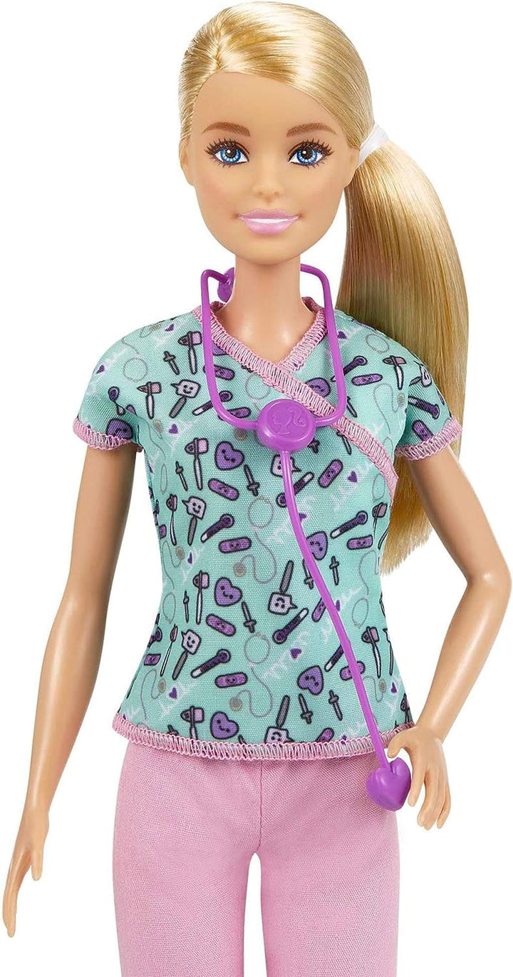Barbie GTW39 - Păpușă asistentă medicală (Aprox. 30 cm) cu bluză cu imprimeu și pantaloni roz, pantofi albi și stetoscop, cadou minunat pentru copii de la 3 ani în sus