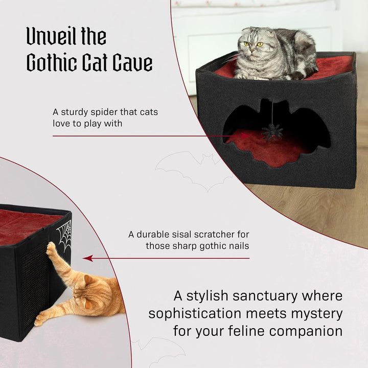 Pat gotic pentru pisici sau animale de companie, pliabil ca o casă de Halloween, 43 x 43 x 32 cm, cu intrare în formă de liliac, jucărie de păianjen, pernă de zgâriat și pernă moale pentru pisici gotice.