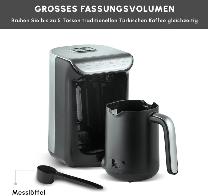 Espressor turcesc KARACA Hatır Koz cu funcție de prăjire, antracit, capacitate 5 căni, Türk Kahve Makinesi, 535W, reglare automată a căldurii și duză de scurgere cu două fețe