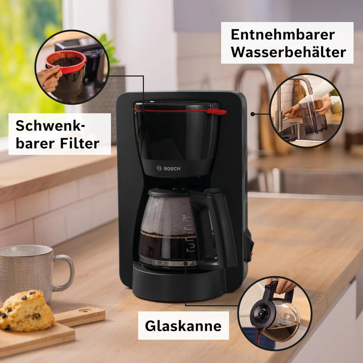 Espressor cu filtru Bosch Mymoment TKA2M113, carafă din sticlă de 1,25 l, capacitate 10-15 cești, funcție de menținere la cald timp de 40 de minute, sistem anti-picurare, suport pentru filtru rotativ, rezervor de apă detașabil, 1200 wați, negru mat