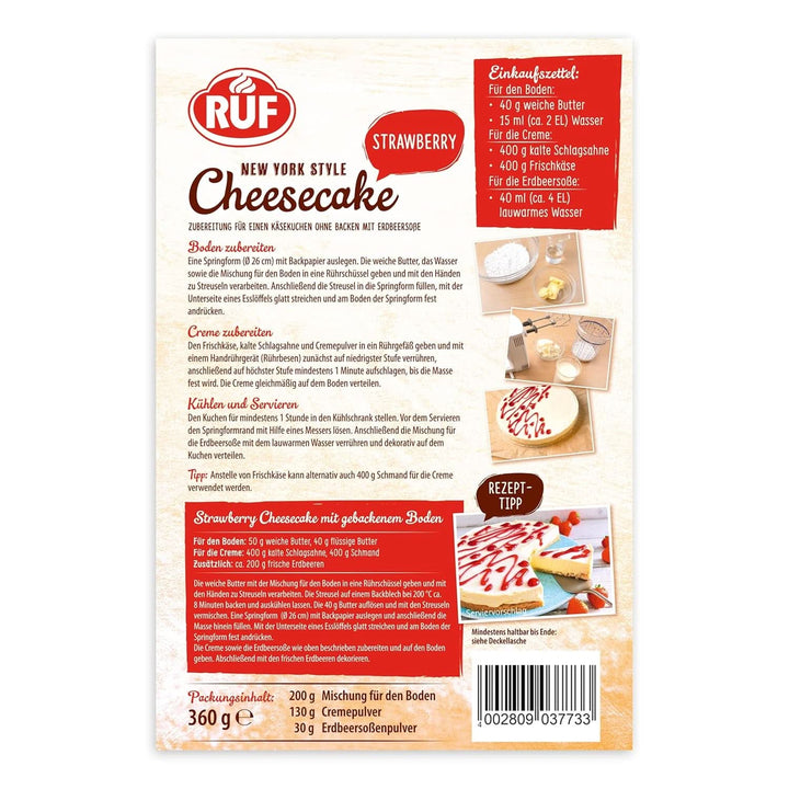 RUF New York Cheesecake Strawberry No Bake, Cheesecake american original cu sos de căpșuni, 360 grame