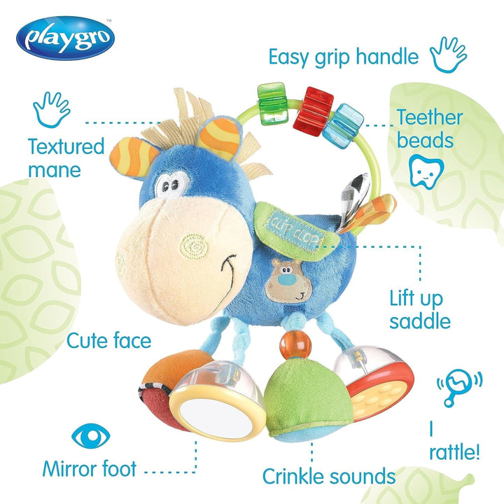 Playgro 101145 Cal de pluș cu zornăitor, jucărie educativă, de la 3 luni, fără BPA, Playgro Toy Box Horse Klipp Klapp, albastru/colorat, 40016, dimensiuni: 15 x 6 x 20 cm , 1 buc Jucarii Bebe Naty Shop