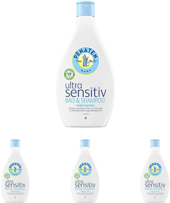 PENATEN Ultra Sensitive Bath & Shampoo (400 ml), baie și șampon pentru bebeluși deosebit de blând pentru pielea foarte sensibilă a bebelușilor predispuși la neurodermatită, gel de duș și șampon de păr fără parfum și coloranți