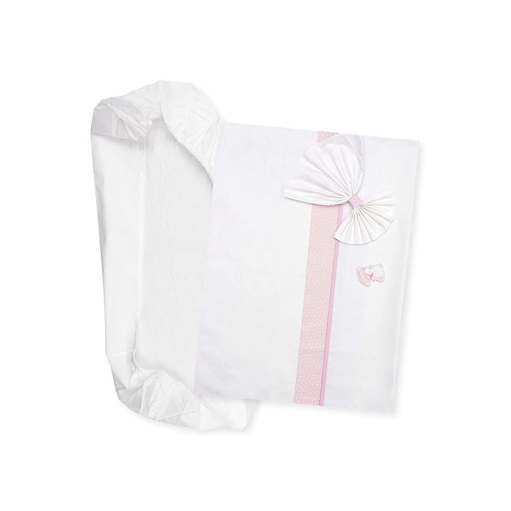 Set de lenjerie de pat Carrycot alb și roz, format din 1 cearșaf cu colțuri, 1 cearșaf de sus cu panglică Aida pentru broderie și 1 față de pernă, 100% bumbac, Made in Italy