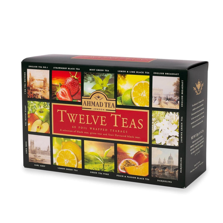 Ahmad Tea - Twelve Teas - Sortiment de 12 sortimente de ceai negru și ceai verde cu diferite arome - 60 pliculețe de ceai ambalate individual, sigilate pentru păstrarea aromelor, cu panglică, 120 g ceai