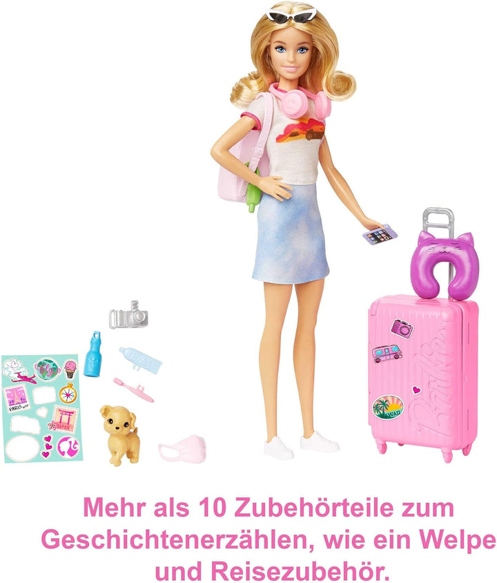 Păpușă Barbie, Travel Barbie cu păr blond, 10+ accesorii de călătorie, autocolante, valiză, cățeluș, incl. 1 păpușă, cadou pentru copii, jucărie de la 3 ani,Hjy18