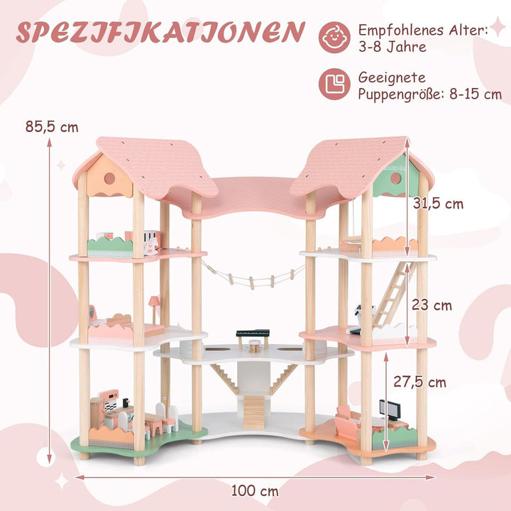 Casă de păpuși din lemn FANTASK, casă de păpuși de 85 cm înălțime 7 camere cu 32 de mobilier și accesorii, vilă de păpuși cu scară de frânghie, cadou de casă de păpuși pentru fete de la 3 ani (Model 3)