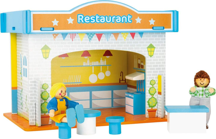 Small Foot 10852 Playhouse Restaurant Fabricat din lemn, Cu 2 figurine pentru păpuși, accesorii și acoperiș detașabil, De la 3 ani