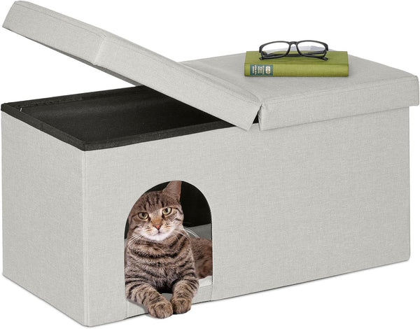 Relaxdays Peșteră Pliabilă pentru Pisici, Bancă Rezistentă, Mobilier de Interior pentru Pisici, Ascunziș pentru Animale de Companie, ÎxLxA: 38,5 x 74,5 x 37 cm, Bej, 1 Bucată