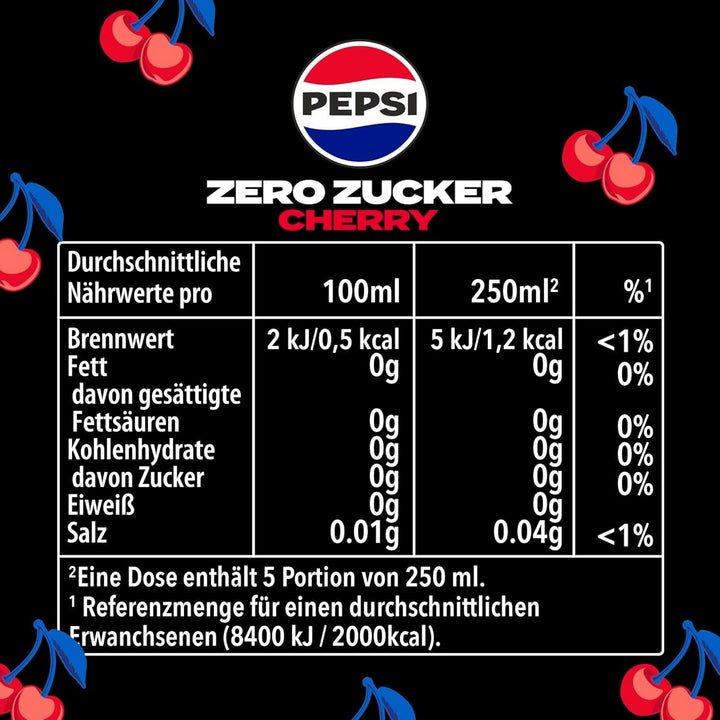 Pepsi Zero Sugar Cherry, Băutura răcoritoare fără zahăr, cola cofeinizată cu aromă de cireșe într-o sticlă, set 6 x 1,25 litri