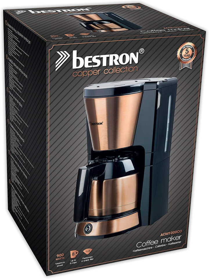 Bestron Espressor cu filtru pentru 8 cești de cafea, Espressor cu termos de 1 litru, Include filtru permanent și oprire automată, 900 W, Culoare: Cupru