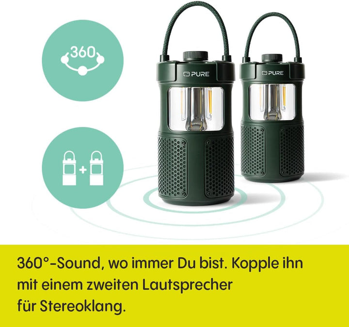 Difuzor de exterior Pure Woodland Glow cu lampă cu leduri (Bluetooth 5.3, sunet 360°, IPX6, portabil, baterie 14H - perfect pentru grădină și camping) Verde