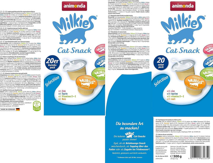 Animonda Milkies Selection (20 cupe À 15 G), lapte de pisică ușor digerabil pentru pisici adulte, pachet valoric practic cu 20 de cupe de lapte de pisică, gustare cu lapte fără soia și zahăr