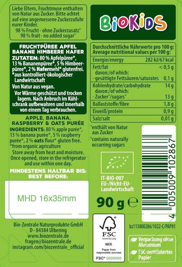 Biozentrale Biokids Fruchtmus Apfel Banane Himbeere Hafer | 12 X 90G | Fruchtiger Snack Ohne Zuckerzusatz | Vegan