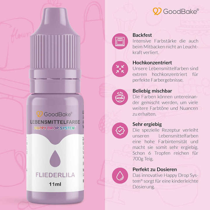 Goodbake Lebensmittelfarbe Pastell Fliederlila (11 Ml) – Hochdosierte Lebensmittelfarbe - Zum Einfärben Von Torten, Fondant, Buttercreme, Macarons Getränke, Schleim Uvm. 100% Vegan