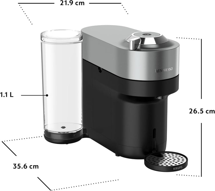 Espressor cu capsule Nespresso Krups Vertuo Pop plus, capacitate rezervor de apă de 1,1 l, design ultracompact cu o înălțime de doar 26,5 cm, sistem cu o singură atingere, 4 dimensiuni de cești, titan, XN930T