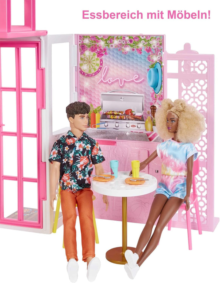 Casă de păpuși Barbie (70.6 X 51.4 Cm) cu 4 zone de joacă, accesorii și mobilier complet mobilate, rotativă 360°, pliabilă, păpușă, cadou pentru copii de la 3 ani, HHY40