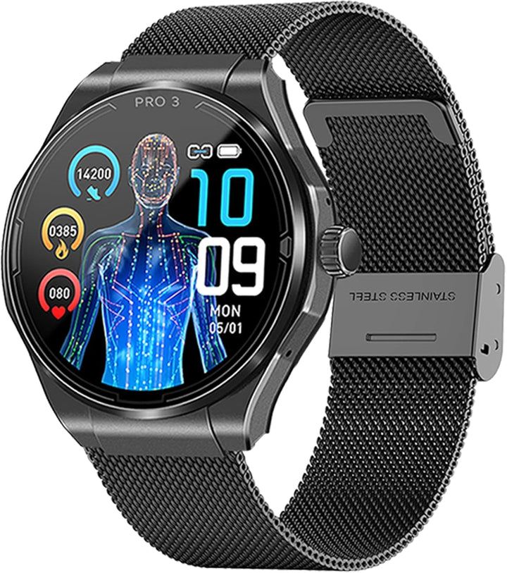 PRO 3 (2024) Negru - Ceas de sănătate Ceas inteligent cu funcție de telefonie - ECG + HRV și funcție SOS - Afișaj AMOLED- BT Bluetooth - Apnee de somn - Curea din silicon Negru, 14-24, rotund