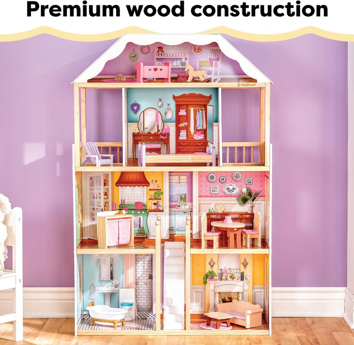 Casă de păpuși din lemn Kidkraft Charlotte cu mobilier și accesorii, casă de păpuși în stil clasic pentru păpuși de 30 cm, jucărie pentru copii de la 3 ani, 65956