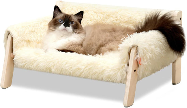 MEWOOFUN Canapea pat pentru pisici, din lemn, 56 x 45 cm, canapea robustă pentru pisici de dimensiuni mari - Scaun modern pentru pisici cu husă detașabilă, capacitate de încărcare 10 kg (alb, 56 x 45 cm)