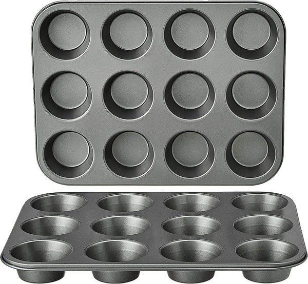 Amazon Basics - Rund Backblech Für Muffins, Antihaftbeschichtet, Karbonstahl, 2Er-Pack, Grau, 13.9"X10.55"X1.22"