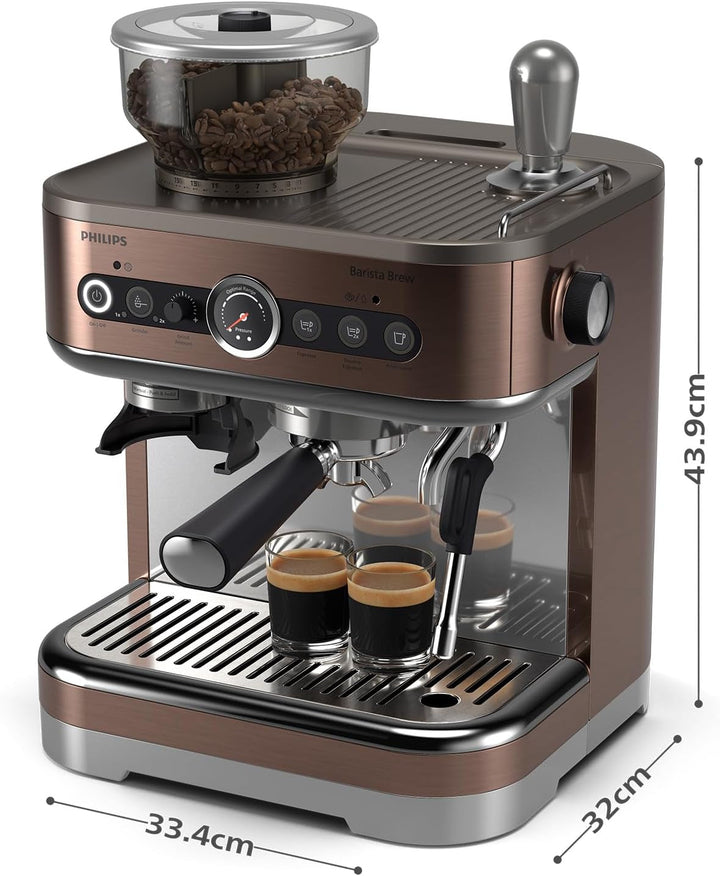 Espressor semiautomat Philips Barista Brew - Espresso simplu și dublu + buton Americano, recipient dublu pentru boabe de cafea de 280 g, ghidare intuitivă, tamper calibrat (PSA3228/41)