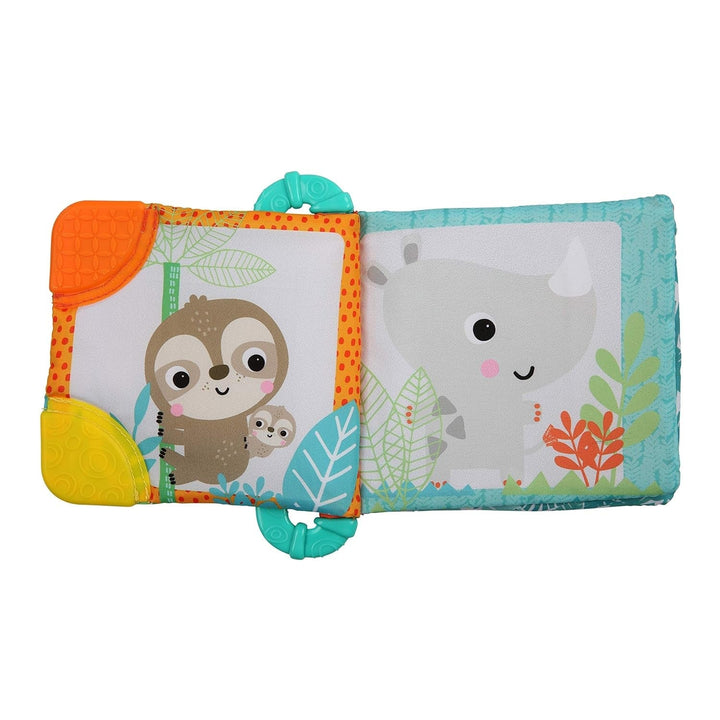Bright Starts, Teethe & Read, jucărie de prindere pentru carte din țesătură cu zăngănit și carte cu imagini cu animale din țesătură, carte cu zăngănit, inel de dentiție pentru calmarea gingiilor, jucărie pentru bebeluși și copii mici de la 3 luni Jucarii Bebe Naty Shop
