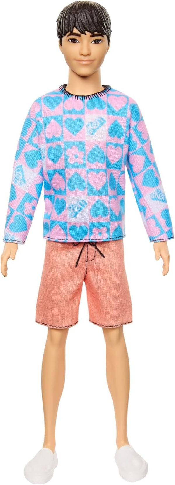 Barbie Fashionistas Ken Doll nr. 219 cu corp subțire și cămașă cu mânecă lungă cu model detașabil în roz și albastru și pantaloni scurți roz, HRH24