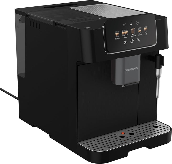 Espressor GRUNDIG KVA 6230 complet automat cu spumator de lapte, râșniță din oțel inoxidabil cu 13 niveluri de măcinare, recipient boabe de 250 g, rezervor de apă detașabil de 2 litri, presiune pompă 19 bar, ecran tactil, negru