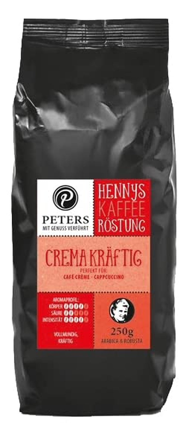 Peters Mit Genuss Verführt | Henny'S Röstung Crema Mild | Sprechender Kaffee AR | Augmented Reality App | Ganze Bohnen | Kaffeebohnen | Ideal Für Vollautomaten | Arabica | Mit Koffein | 250G