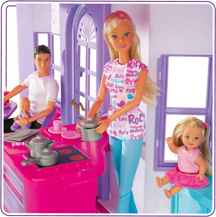 Simba 104661996 - Steffi Love Dreamhouse, Casă de joacă mare, 4 camere, FĂRĂ PUPPETS, 84cm înălțime, Două etaje, Clopoțel funcțional, Pliabil