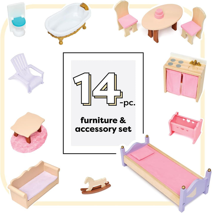 Casă de păpuși din lemn Kidkraft Charlotte cu mobilier și accesorii, casă de păpuși în stil clasic pentru păpuși de 30 cm, jucărie pentru copii de la 3 ani, 65956