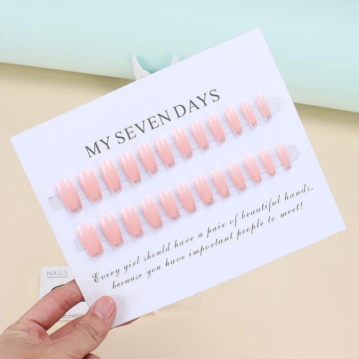 Unghii lungi cu vârf franțuzesc, aurii, cu sclipici, de lipit pe unghii lungi și pătrate, set unghii false cu vârf franțuzesc strălucitor, unghii artificiale pătrate pentru femei, 24 de bucăți