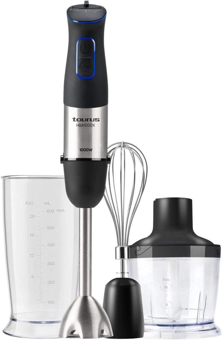 Taurus Stabmixer 1000W | 20 Geschwindigkeitsstufen | Turbo-Funktion | 4 Edelstahlklingen | Ergonomisches Soft-Touch-Design | Spritzschutz | Zubehör | Edelstahl | Elektrisch |Kunststoff, Silber/Schwarz