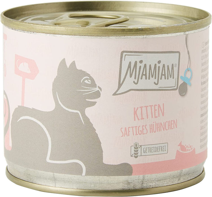 Mjamjam - Hrană umedă premium pentru pisici - Kitten Juicy Chicken cu ulei de somon, pachet de 6 (6 X 200 G), fără cereale, cu extra carne