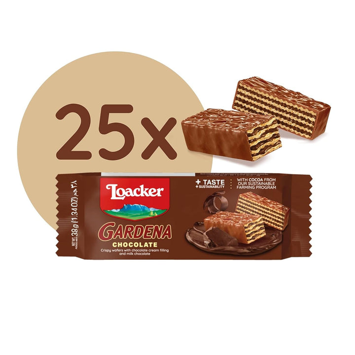 Loacker Gardena (Ciocolată) • Napolitane acoperite cu ciocolată cu lapte și umplutură fină de cremă de ciocolată • Biscuiți tip napolitană, pachet mare (25 x 38g)