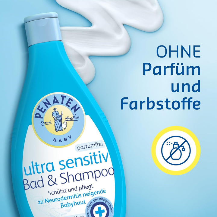 PENATEN Ultra Sensitive Bath & Shampoo (400 ml), baie și șampon pentru bebeluși deosebit de blând pentru pielea foarte sensibilă a bebelușilor predispuși la neurodermatită, gel de duș și șampon de păr fără parfum și coloranți