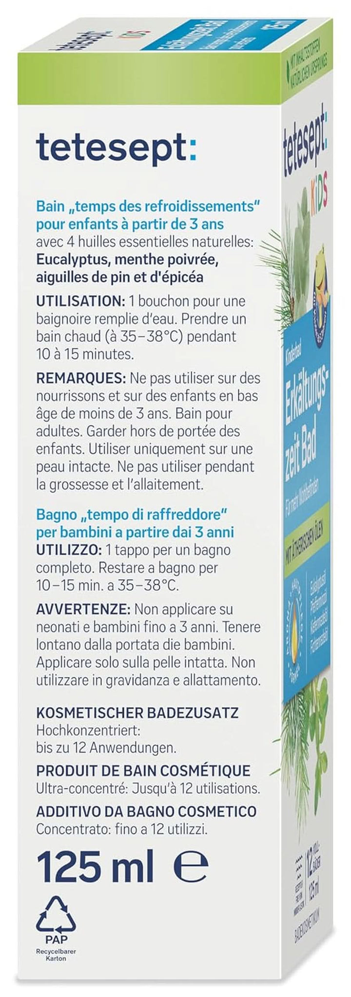 Tetesept Kids Cold Time Bath - aditiv de baie pentru copii pentru sezonul rece cu 4 uleiuri esențiale, relaxare și încălzire, 125 ml