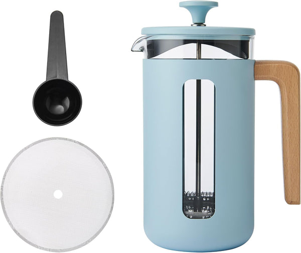 Cafetieră La Cafetière Pisa pentru 8 căni, albastru deschis, piston durabil din oțel inoxidabil, presă franceză rezistentă la căldură cu mâner elegant din lemn natural, versatilă pentru cafea și ceai, 1 l
