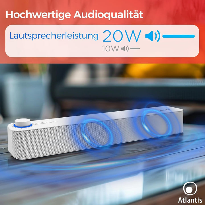 Atlantis Soundbar PC 20W, Pc-Lautsprecher, Klinke 3.5Mm + Bluetooth 5.3 Für Smartphone, Firetv, Plattenspieler, Batt. 2400Mha, FM Radio, Pc-Lautsprecher, Tragbar, TV, Smartp 420X60X74 Mm P003-C0820-B