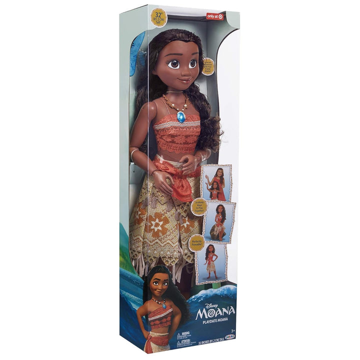 Disney Princess Vaiana, păpușă de joacă înaltă de 80 cm de la Jakks Pacific, păpușă mobilă, cu perie pentru a-și pieptăna buclele ondulate, rochie inspirată de film, colier detașabil cu pandantiv
