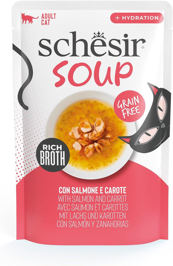 , Supă cu fileuri de somon și morcov, hrană umedă complementară pentru pisici, rețeta originală, 100% naturală, 12 pungi a 40 g