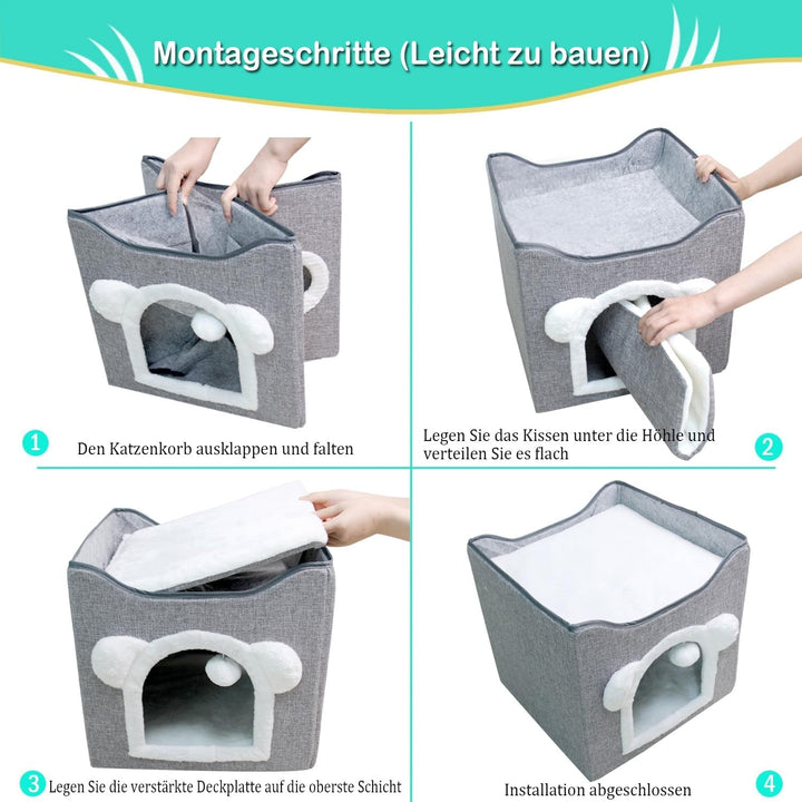 Căsuță pliabilă pentru pisici de interior, casă frumoasă pentru pisici cu terasă, peșteră pentru pisici cu 2 straturi, cu zgârietură și minge de joacă, pat pentru 2 pisici, 42 x 40 x 39 cm, gri