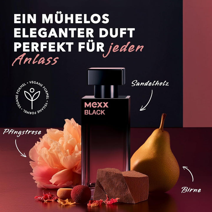 Apă de toaletă MEXX BLACK Woman, parfum captivant și intens cu note fructate pentru femei senzuale, 30 ml